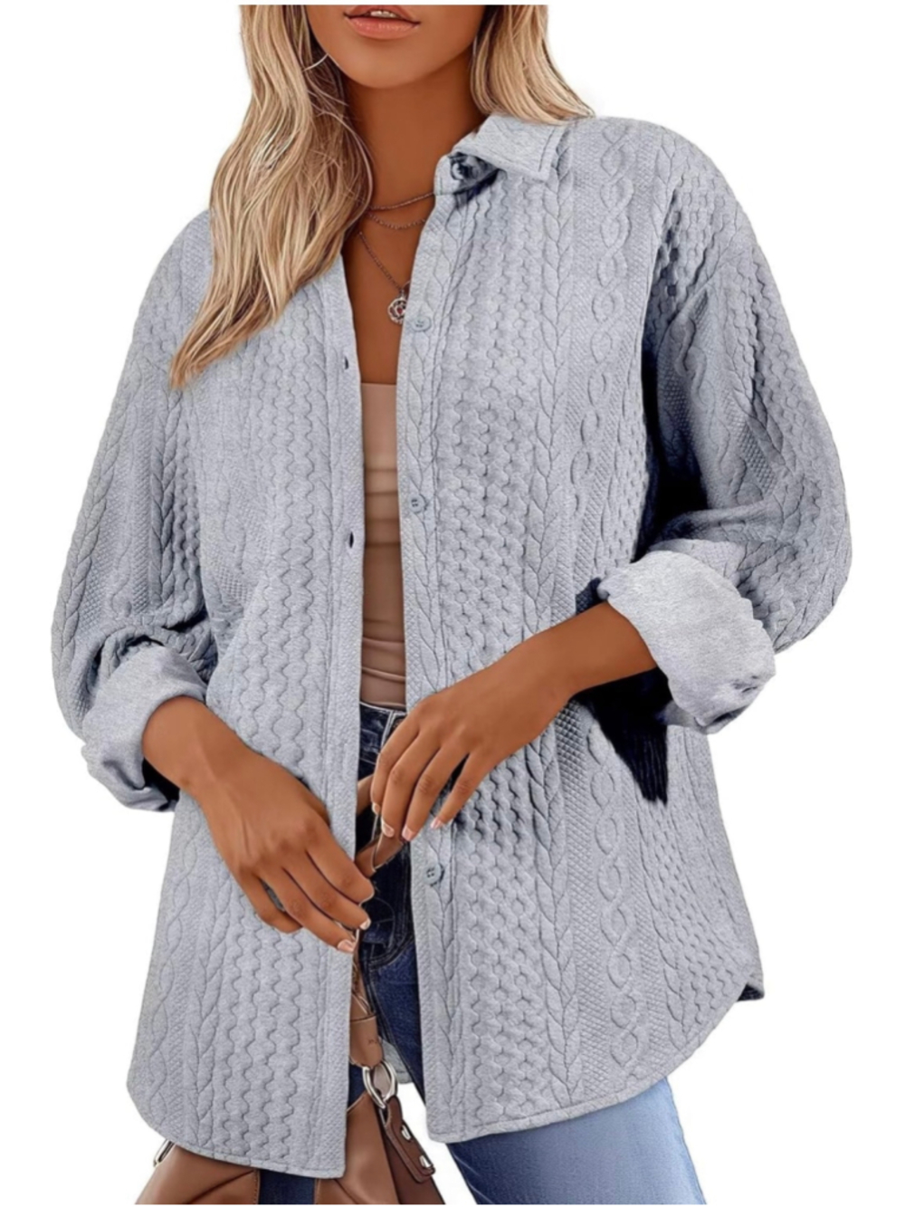 NEW Long Lantern Sleeve Shirts Cable Knit Textured V Neck Button Down M